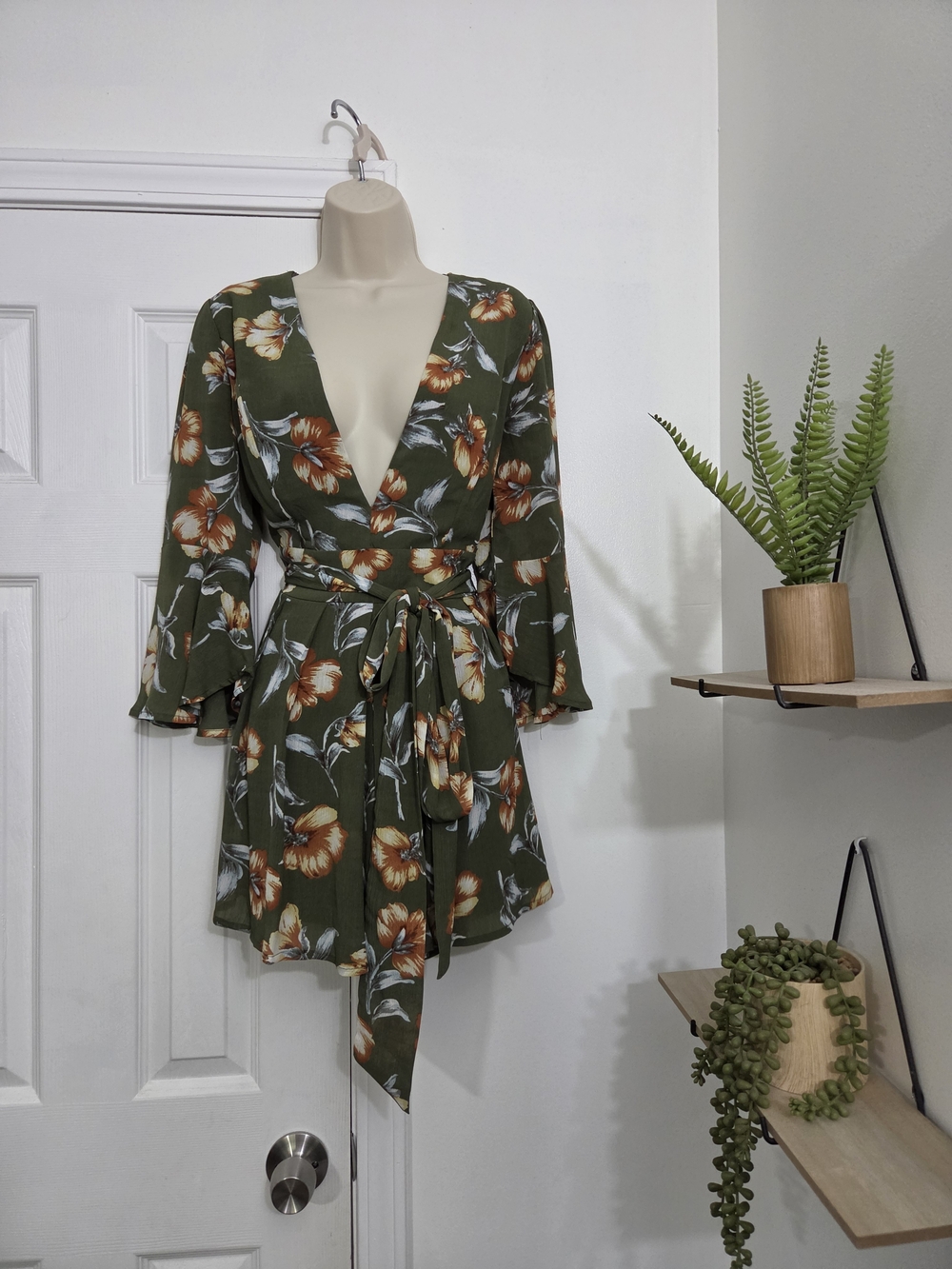 Miss Avenue Olive Green Floral Wrap Romper
